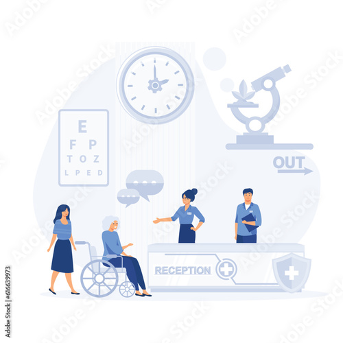 Reception in hospital with patients. Waiting room with disabled, flat vector modern illustration