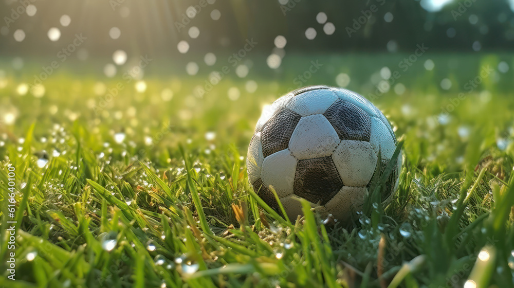 Fototapeta premium A soccer ball on the grass with dew