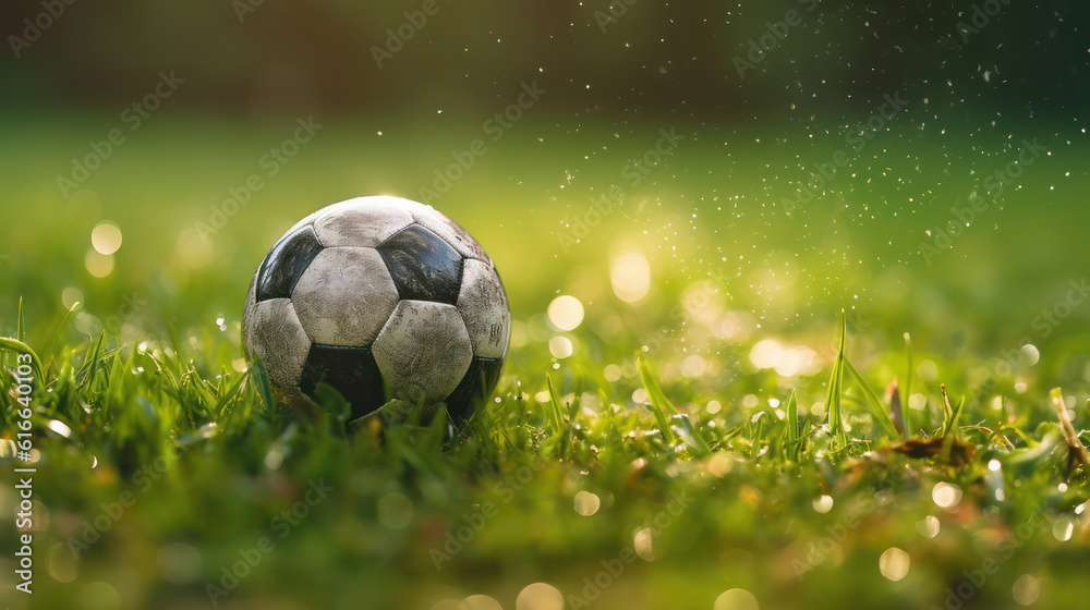 Naklejka premium A soccer ball on the grass with dew