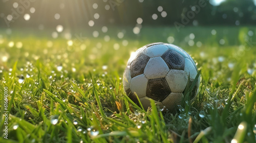 A soccer ball on the grass with dew © tashechka