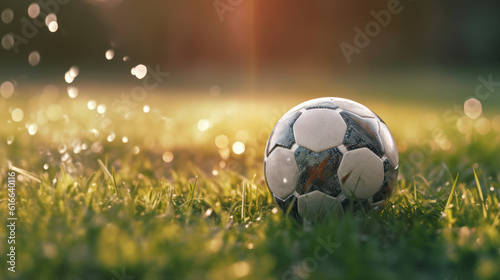 A soccer ball on the grass with dew