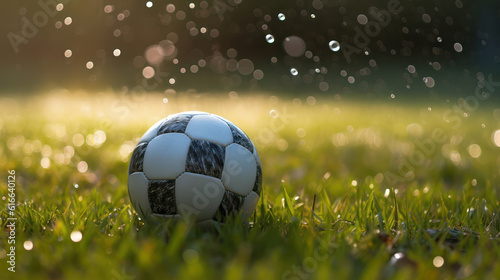 A soccer ball on the grass with dew
