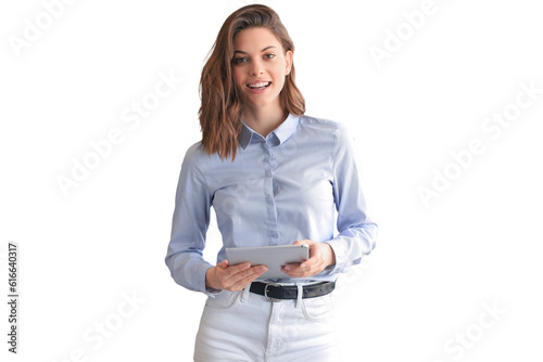 Attractive smiling woman working on a tablet on a transparent background photo