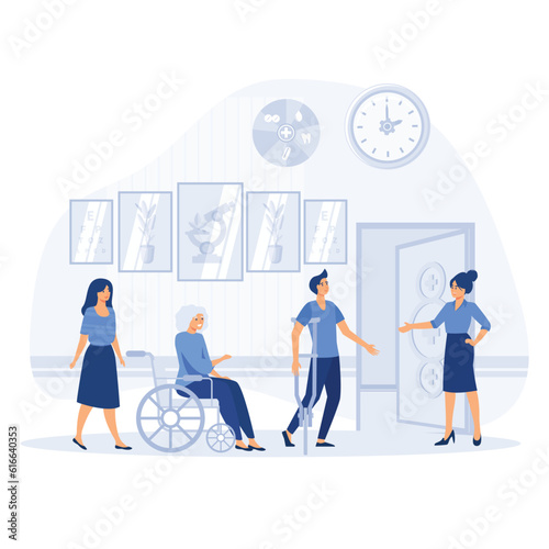 Hospital reception good work in clinic hall to help, assist patients. health facility to provide high quality healthcare service. flat vector modern illustration