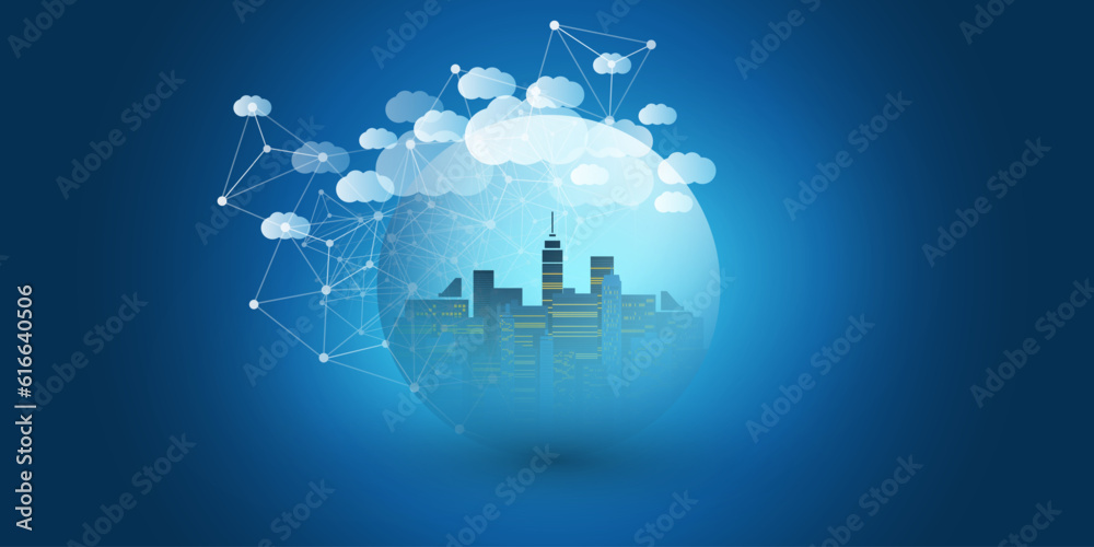 Dark Blue and White Smart City, Cloud Computing Design Concept with Transparent Globe and Cityscape, Tall Buildings, Skyscrapers Inside - Digital Polygonal Network Connections, Technology Background Dark Blue and White Smart City, Cloud Computing Design Concept with Transparent Globe and Cityscape, Tall Buildings, Skyscrapers Inside - Digital Polygonal Network Connections, Technology Background