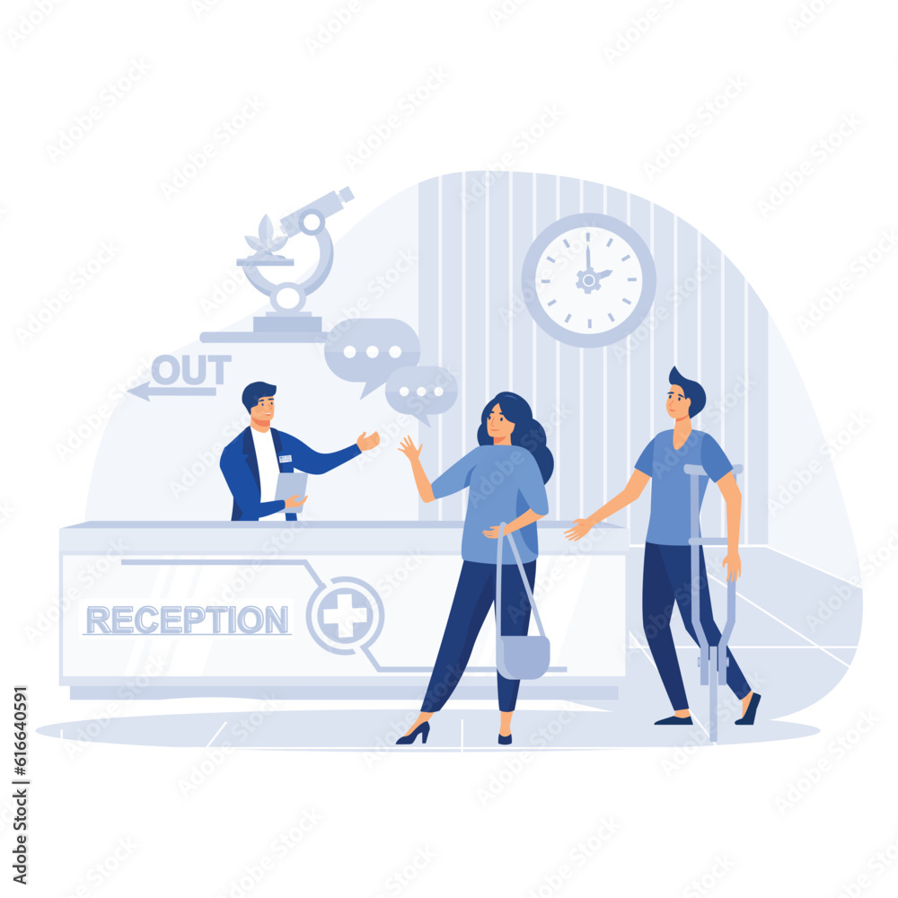 Hospital reception concept, Man and woman asks a question to the hospital register office, flat vector modern illustration Hospital reception concept, Man and woman asks a question to the hospital register office, flat vector modern illustration