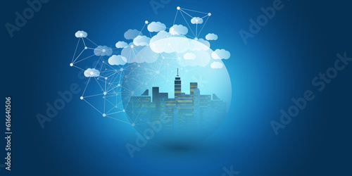 Dark Blue and White Smart City, Cloud Computing Design Concept with Transparent Globe and Cityscape, Tall Buildings, Skyscrapers Inside - Digital Polygonal Network Connections, Technology Background