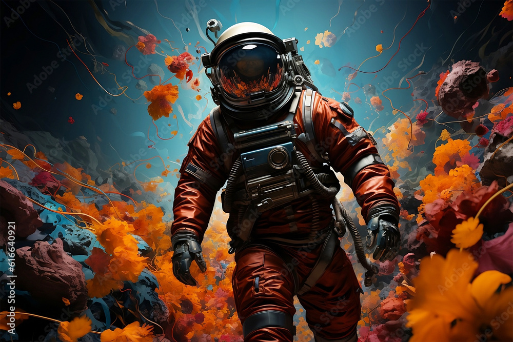 An abstract representation of a cosmonaut floating in space, surrounded by vibrant colors of the rainbow. An abstract representation of a cosmonaut floating in space, surrounded by vibrant colors of the rainbow.