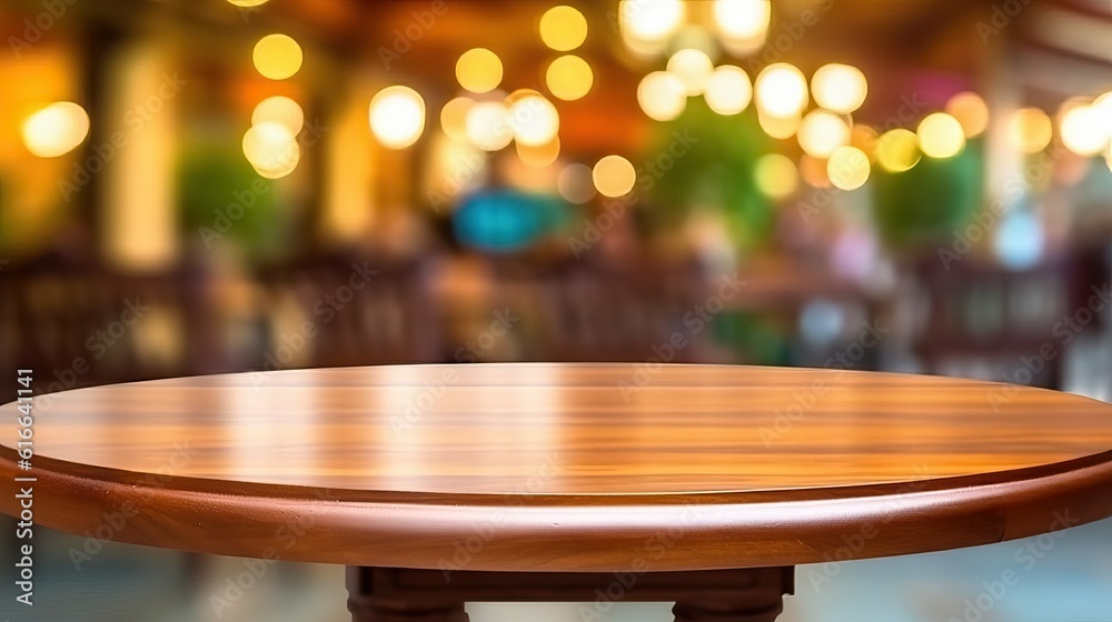 Mahogany wooden round table surface in warm luxury blur background (Ai generated)