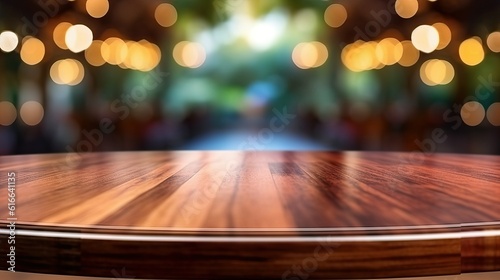 Mahogany wooden round table surface in warm luxury blur background (Ai generated) photo