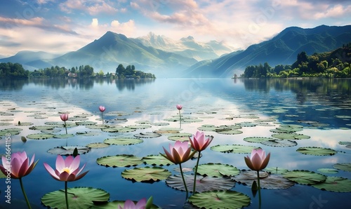  a painting of water lilies in a lake with mountains in the background.  generative ai