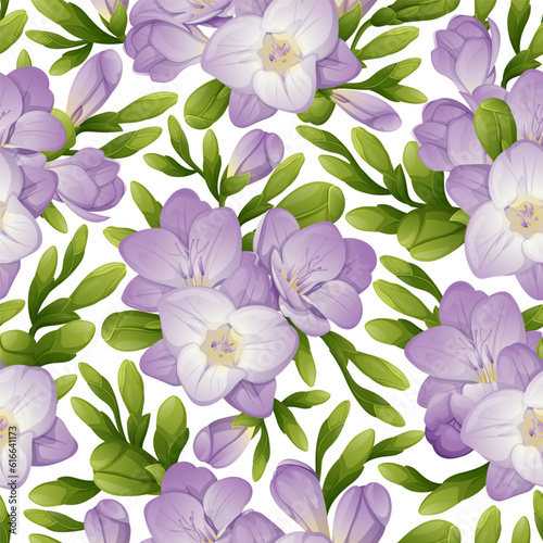 Seamless pattern with freesia flowers. Texture with purple flowers and green buds. Floral print for fabric  textile  paper  wallpaper  etc.