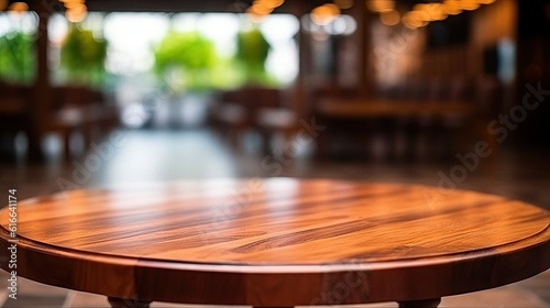 Mahogany wooden round table surface in warm luxury blur background (Ai generated)