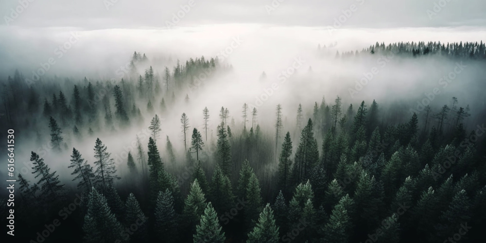 View from the height of the forest in the fog. Aerial view. Panoramic shot. Created with Generative AI
