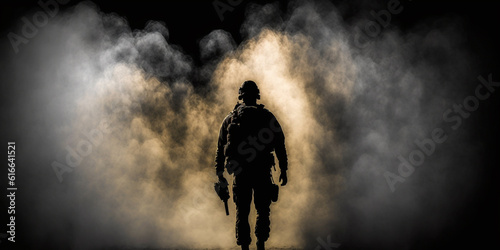 Fotobehang Silhouette of a military man standing on a dark background and smoke