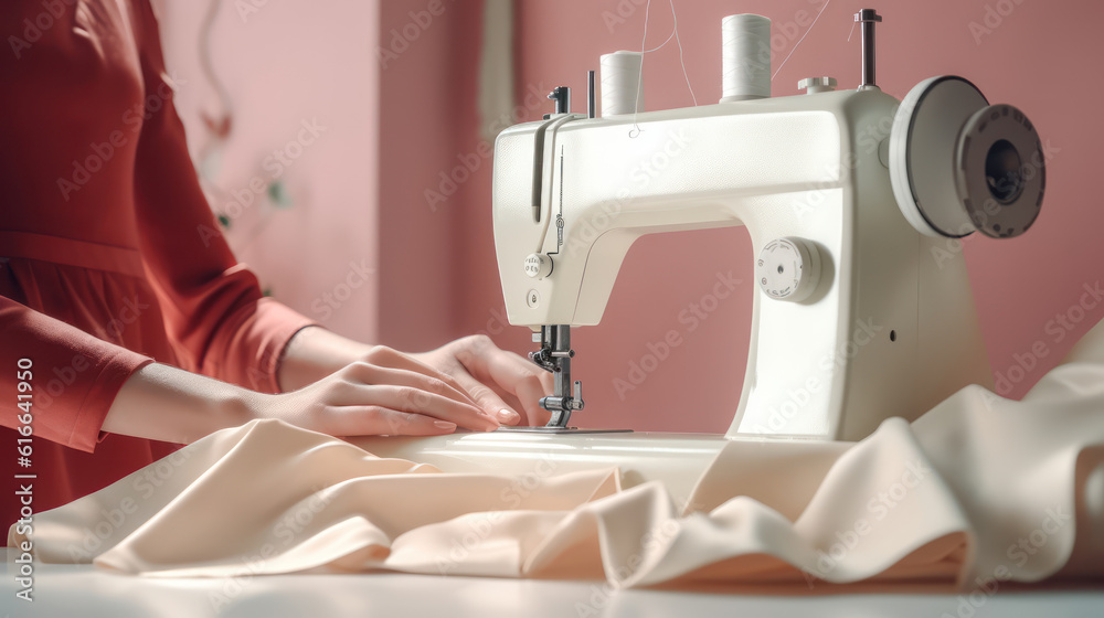 A close-up photo of a womans hands making clothes with a sewing machine