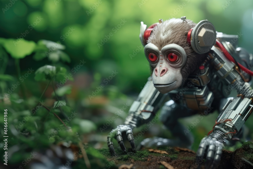 Robot monkey in the nature. Generative AI art Robot monkey in the nature. Generative AI art