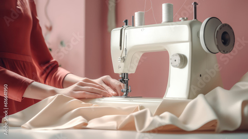 A close-up photo of a womans hands making clothes with a sewing machine