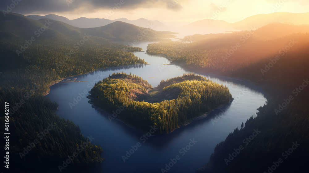 A heart-shaped lake forest mountain, morning sunlight 