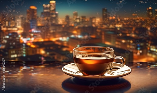 Wallpaper Mural  a cup of tea sits on a saucer in front of a cityscape.  generative ai Torontodigital.ca
