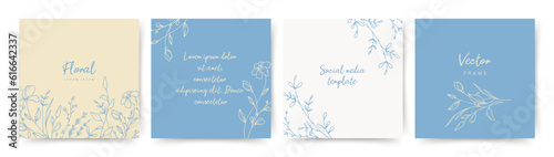 Elegant abstract background with hand drawn flower elements in beige and blue. Vector templates for social media stories and post, wedding invitation, greeting card, packaging, branding, design
