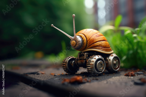 Small robot snail in the nature. Generative AI art