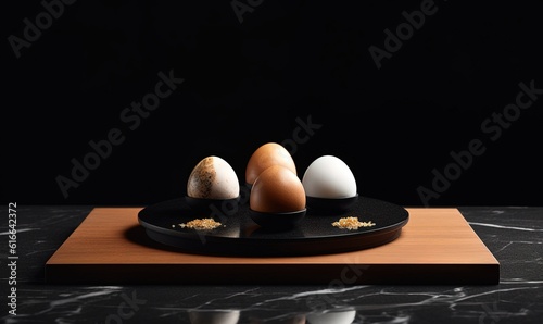  three eggs are on a black plate on a marble surface. generative ai