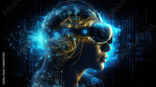 woman in vr helmet on virtual reality background. future technologies, cyber attacks. generative AI