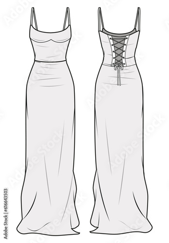 Strappy Corset Maxi Column Dress Front and Back View. Fashion Flat Sketch Vector Illustration, CAD, Technical Drawing, Flat Drawing, Template, Mockup.