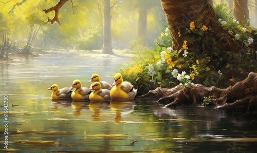  a painting of a family of ducks swimming in a pond. generative ai