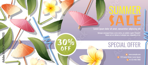 Discount flyer template with coconut cocktail, umbrellas and frangipani flowers. Coupon for summer discounts.
