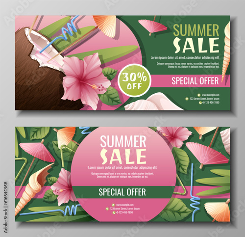 Set of discount flyer templates with coconut cocktail, umbrellas and hibiscus flowers. Coupon for summer sales