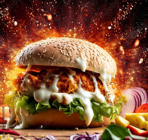 Delicious Smoked Burger With Melted Cheese Sauce Mayonnaise Sparkling Flame Background  