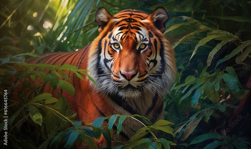 a painting of a tiger in the jungle with green leaves. generative ai a painting of a tiger in the jungle with green leaves. generative ai