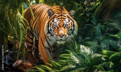 a tiger walking through a lush green forest filled with leaves.  generative ai © Anna