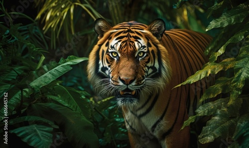  a tiger walking through a lush green forest filled with leaves. generative ai