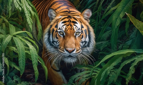  a painting of a tiger walking through a forest of leaves.  generative ai