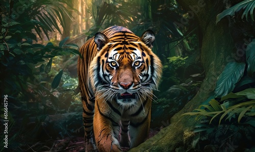  a tiger walking through a lush green forest filled with trees. generative ai