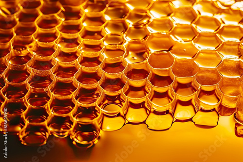 Natural honey. Organic bee products. Honeycomb golden background. Natural unfinished honey making in honeycomb. Healthy food. Generative ai