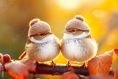 Two small cute birds sparrows in knitted hats on tree branch on blurred yellow autumn background. Hello autumn. Autumn character. Funny forest illustration. Generative ai