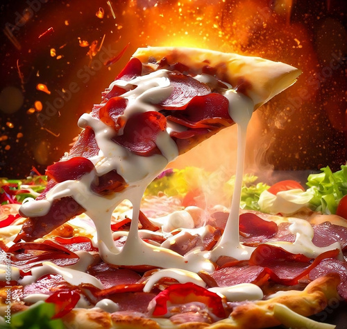 Slice Of Rich Beef Cheesy Pizza Floating With Explode Sparkling Fire Background