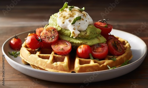  a waffle topped with guacamole and tomatoes.  generative ai