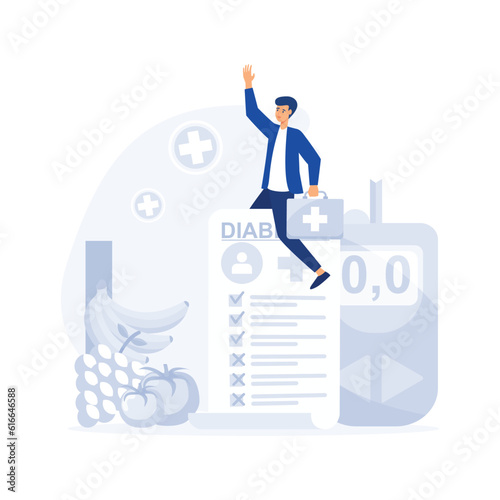 Glucometer for sugar level blood test with diet and unhealthy food,  Medical report or diagnosis card, flat vector modern illustration