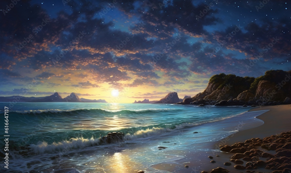 Obraz premium a painting of a sunset on a beach with waves crashing on the shore. generative ai
