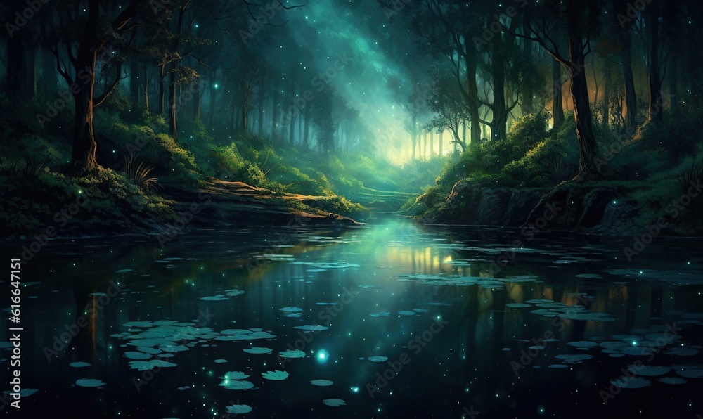  a painting of a forest scene with a river and trees.  generative ai