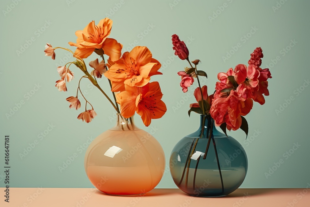 two flowers sit on top of a light background, in the style of photorealistic fantasies, dark cyan and orange, light beige and red, gorgeous colors, diverse color palette, two flowers sit on top of a light background, in the style of photorealistic fantasies, dark cyan and orange, light beige and red, gorgeous colors, diverse color palette,