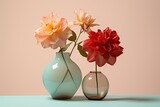 two flowers sit on top of a light background, in the style of photorealistic fantasies, dark cyan and orange, light beige and red, gorgeous colors, diverse color palette,