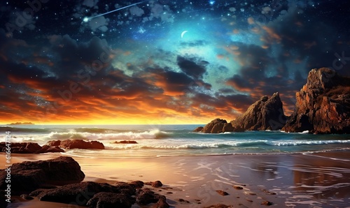  a painting of a beach at night with a shooting star in the sky. generative ai