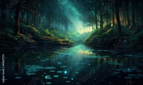  a painting of a forest scene with a river and trees.  generative ai © Anna