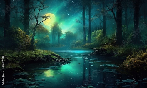  a painting of a forest with a river running through it. generative ai